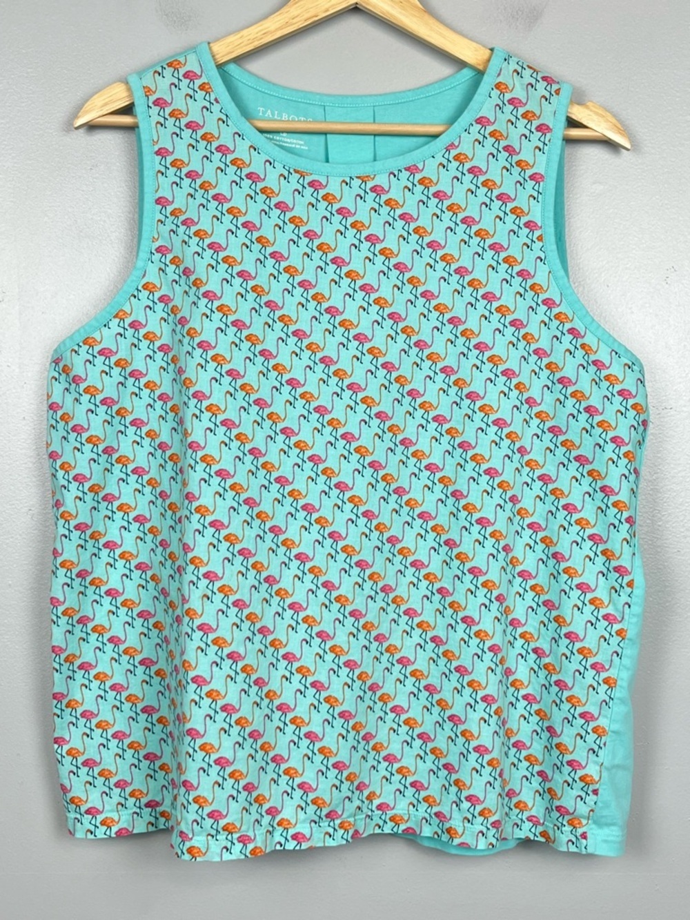 Talbots 100% cotton aqua flamingo print  sleeveless top, large petite.